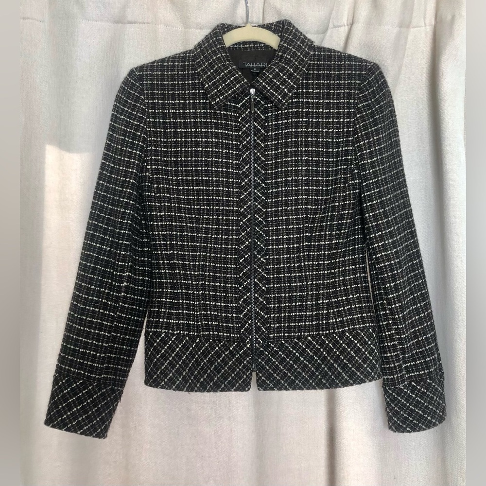 Tahari Black and White Tweed Collarless Zip Jacket